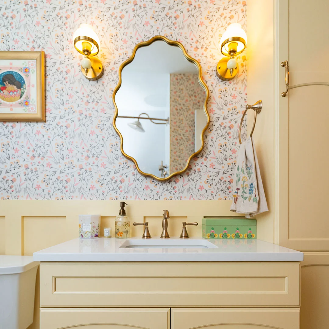Bathroom with Spoonflower wallpaper