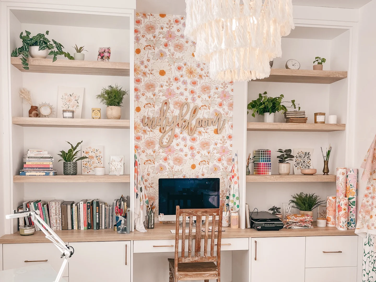 A feminine office with floral wallpaper from Indybloomdesign