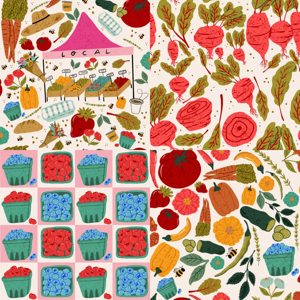 A grid of 4 farmer's market designs from maddydoodlesoup