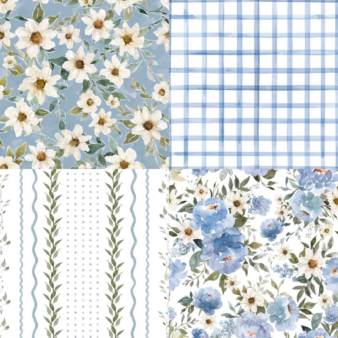 A grid of 4 cottagecore designs from hipkiddesigns