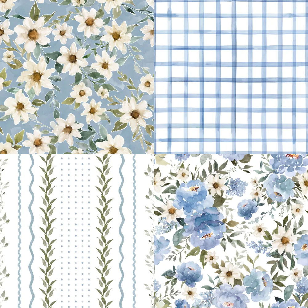 A grid of 4 cottagecore designs from hipkiddesigns