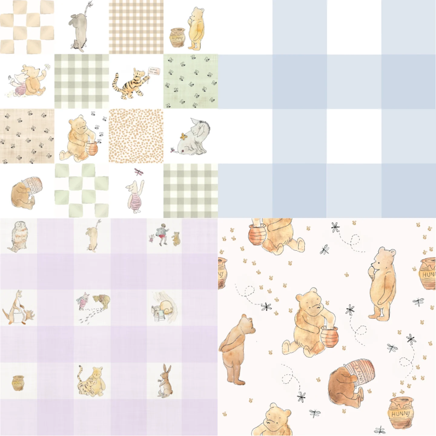 A grid of 4 baby designs with a Winnie the Pooh theme by yvonnehartstudio