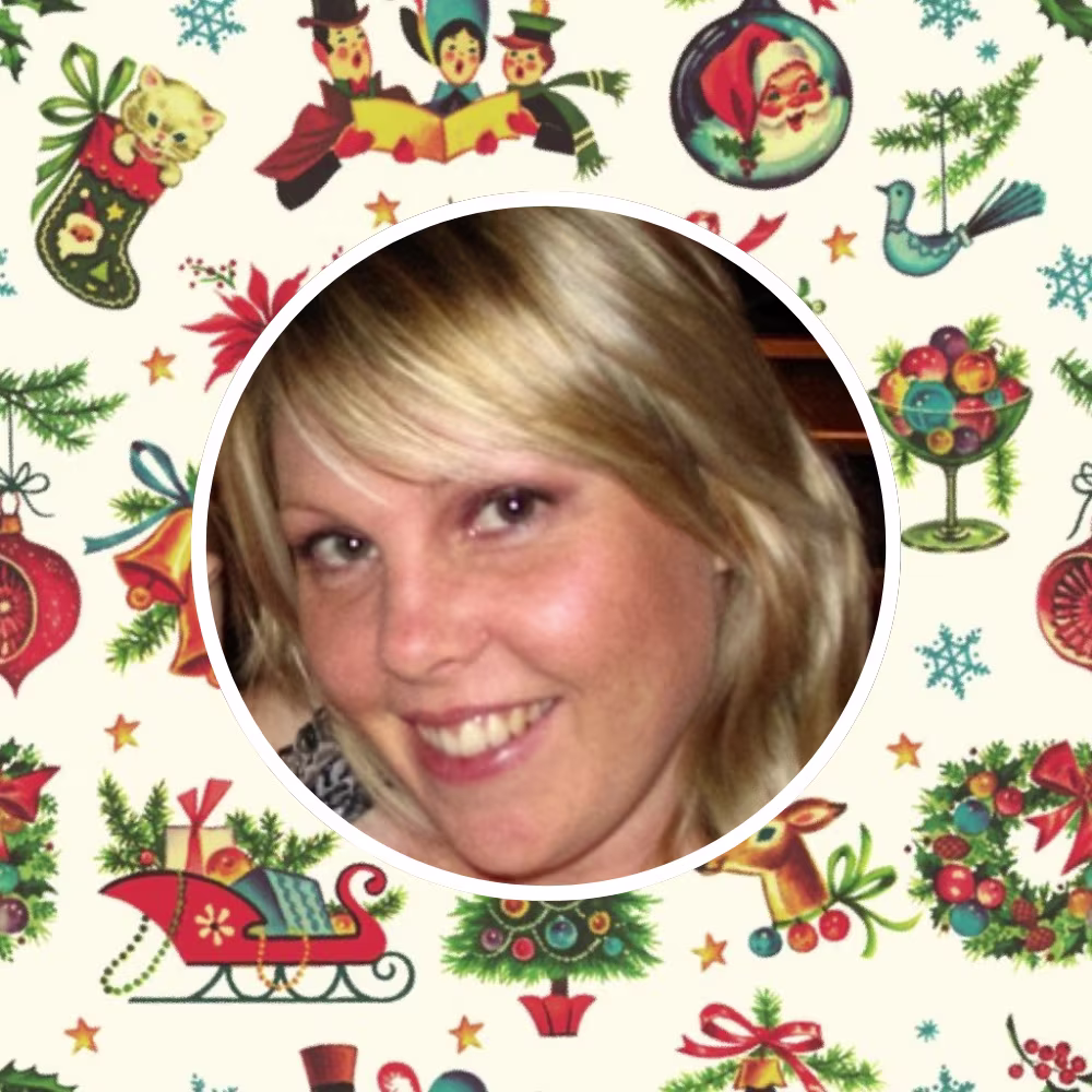 Vintage Christmas design by red_raspberry_design and a headshot of the designer.