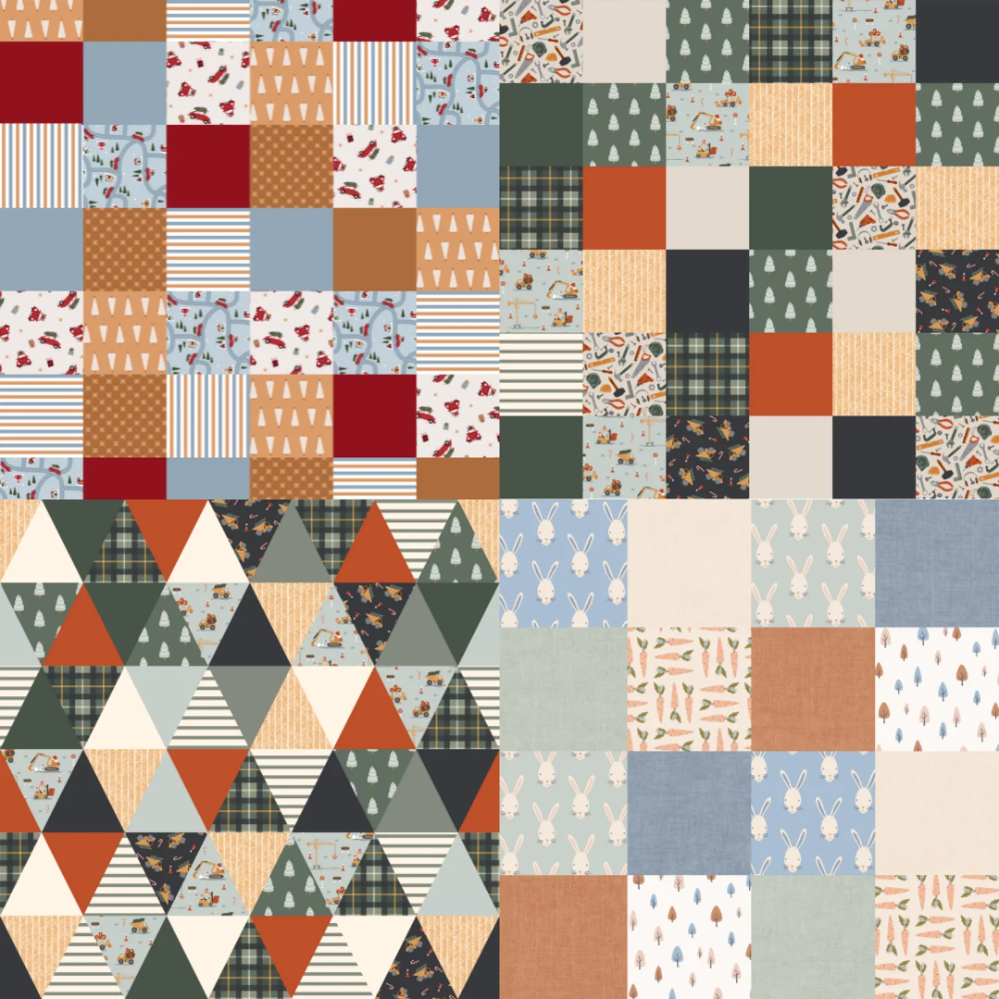 A grid of 4 cheater quilt designs from softly_studio