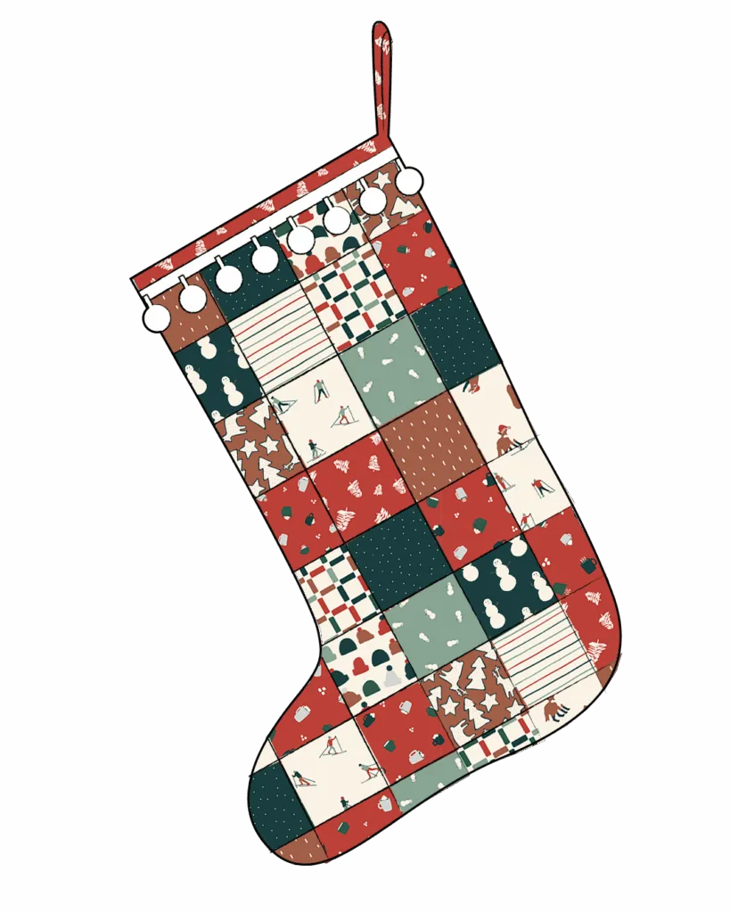 Mock up of HelenPhilippsDesigns' Red Patchwork Christmas Stocking Pattern with Spoonflower fabric