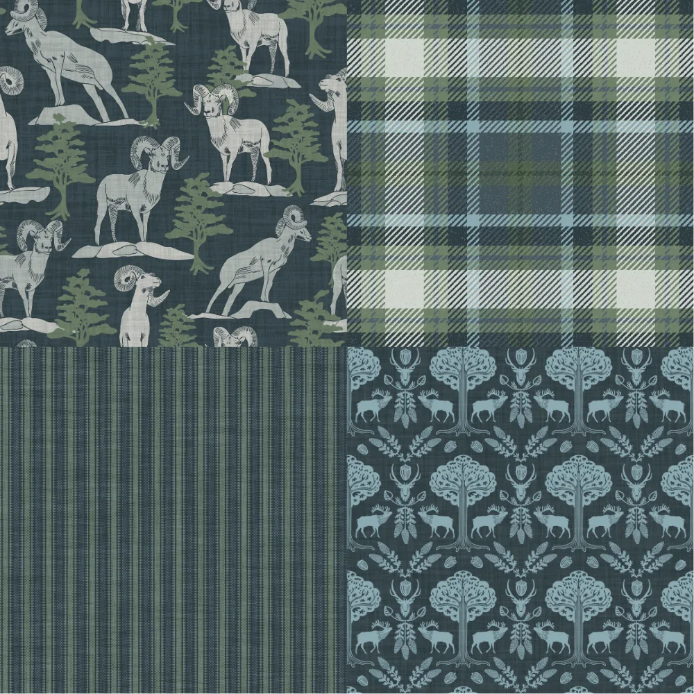 A grid of 4 winter woodland designs from sycamorelaneart