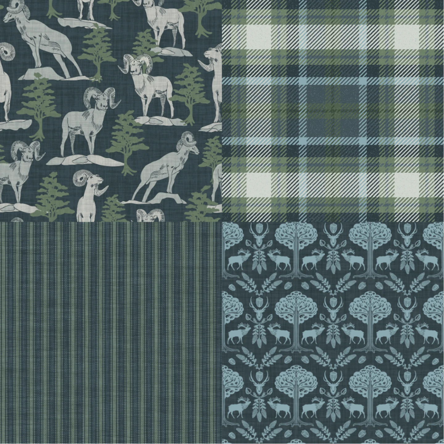 A grid of 4 winter woodland designs from sycamorelaneart