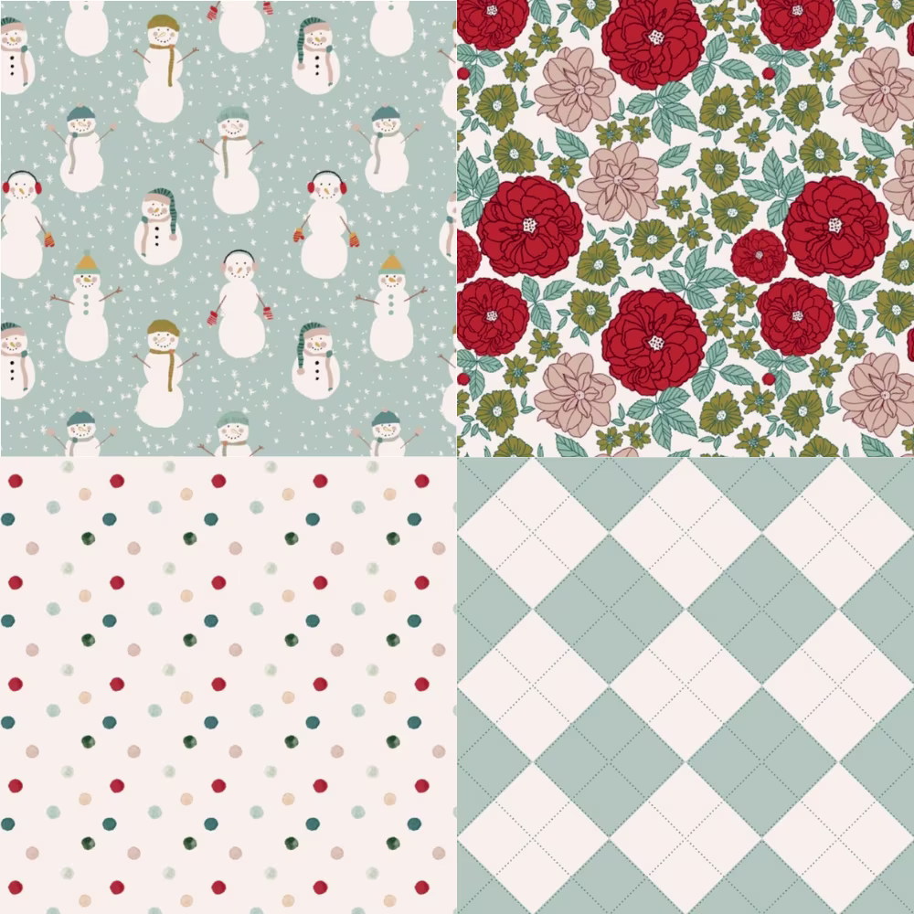 Whimsical snowmen, festive florals, and charming coordinates bring a cheerful winter spirit to this cozy collection. With soft sage blues, classic reds, playful dots, and timeless plaids, these prints are perfect for heartwarming handmade gifts.