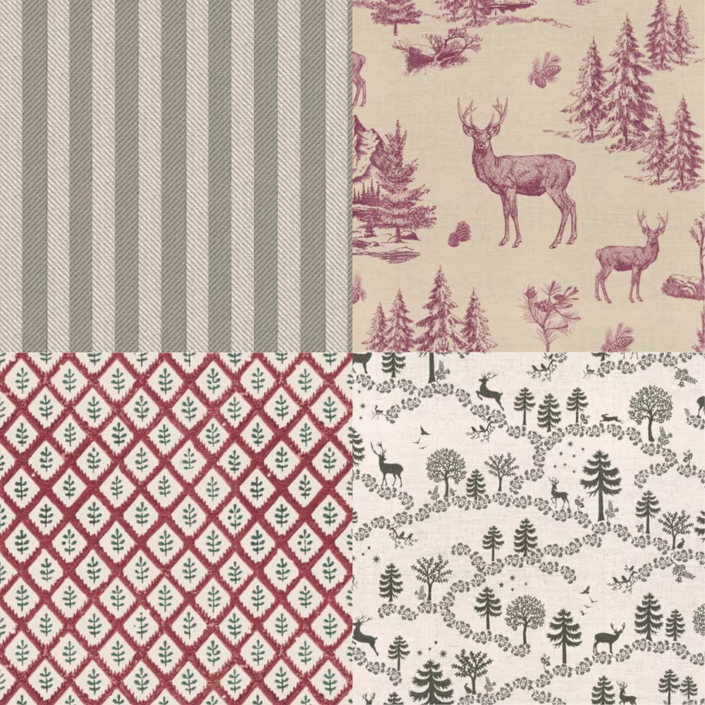A timeless woodland-inspired collection featuring classic forest toile prints with deer, evergreens, and scenic landscapes, paired with coordinating herringbone stripes and geometric folk motifs.
