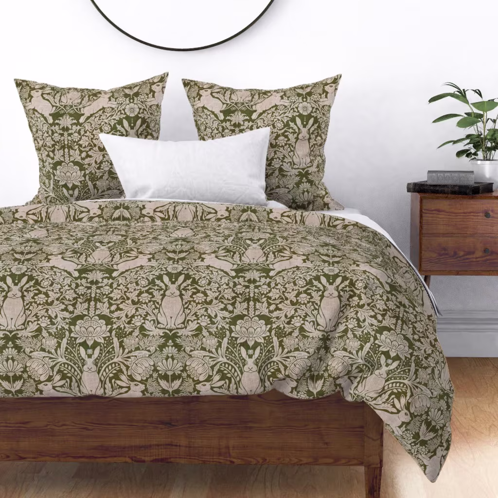 Duvet cover in Modern damask/year of the rabbit/textured/olive green design by rumanajdesigns.