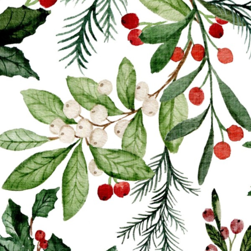 Mistletoe and Holly Christmas Florals White Fabric by hipkiddesigns