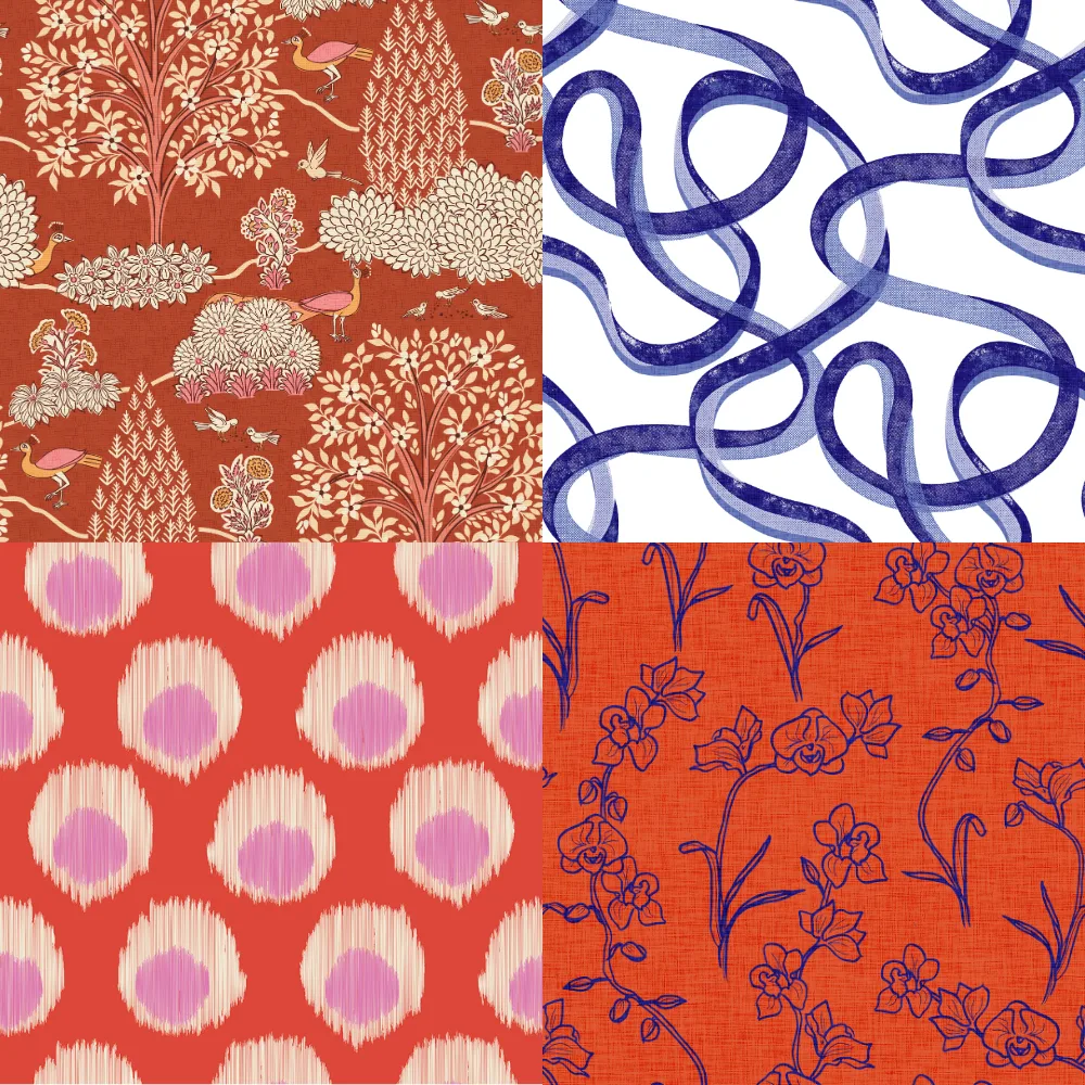 A grid of 4 maximalist designs from the Spoonflower style editors