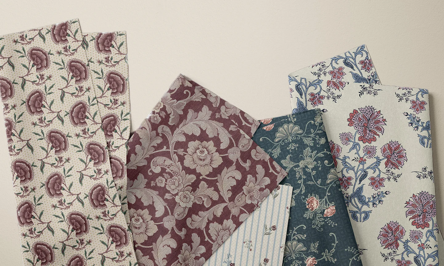 A spread of romantic vintage floral fabrics
