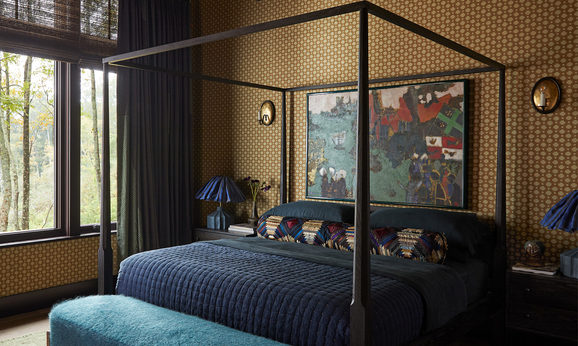 A rustic and modern bedroom behind brown biscuit wallpaper.