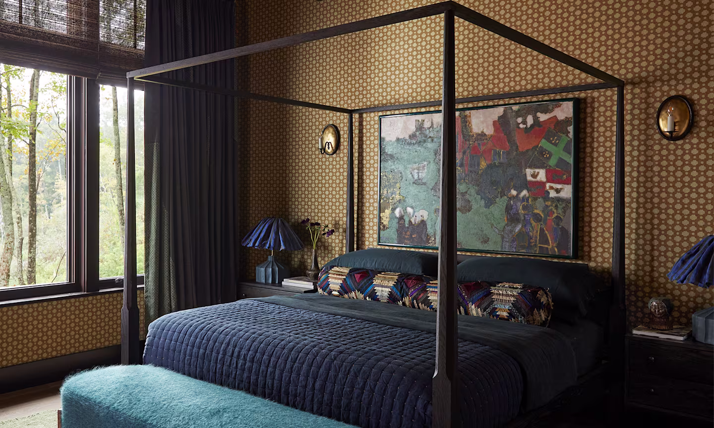 A rustic and modern bedroom behind brown biscuit wallpaper.