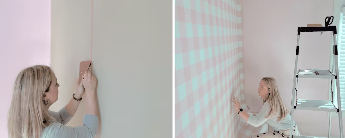 Two images have been placed side by side in a rectangle shape. On the left, a woman uses a plumb bob to draw a straight line on a beige wall before installation wallpaper. On the right, a woman is installing wallpaper on a wall and bent down to ensure it