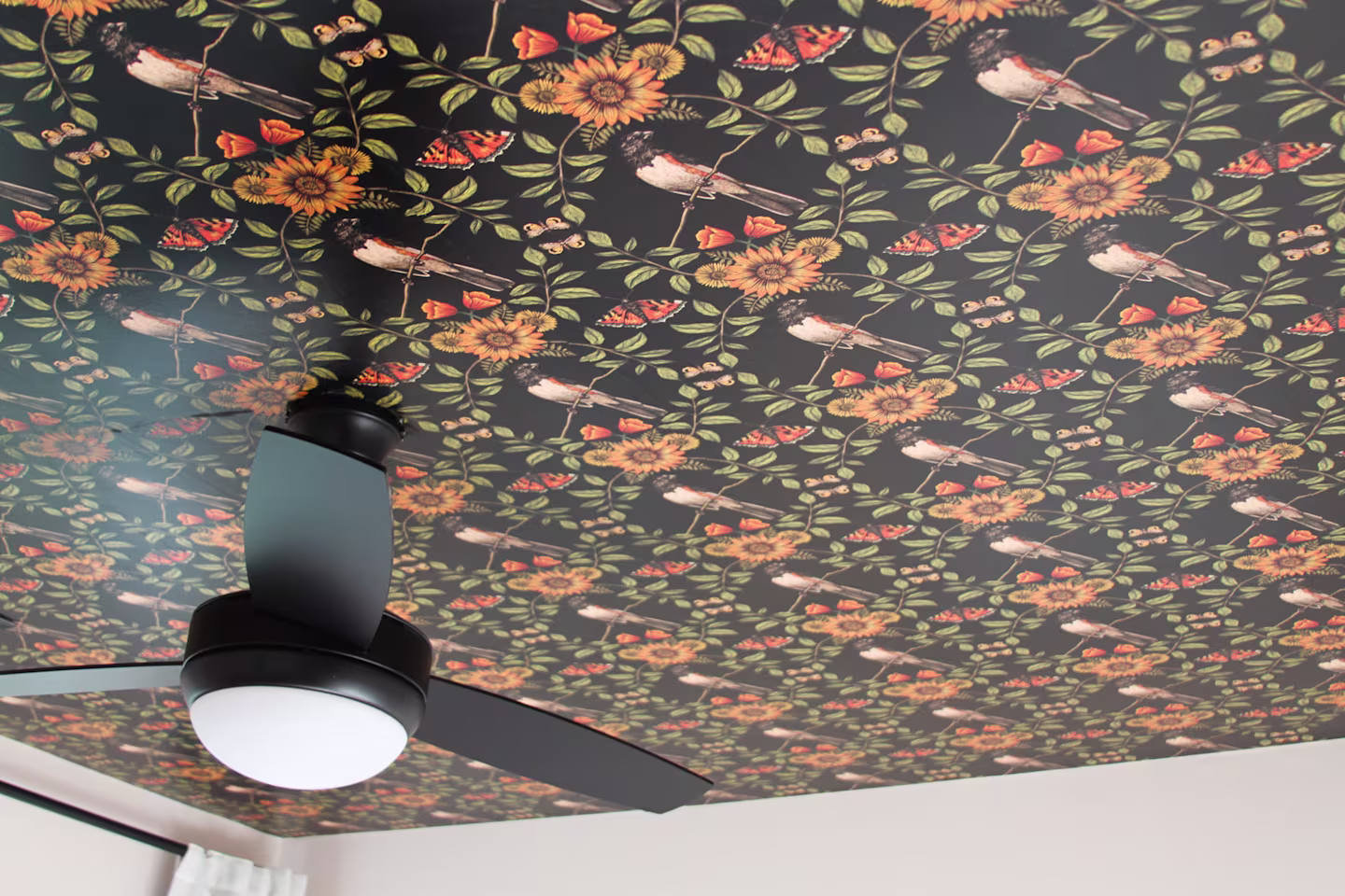 Black ceiling wallpaper patterned with green leaves and yellow sunflowers with Eastern Towhee birds.