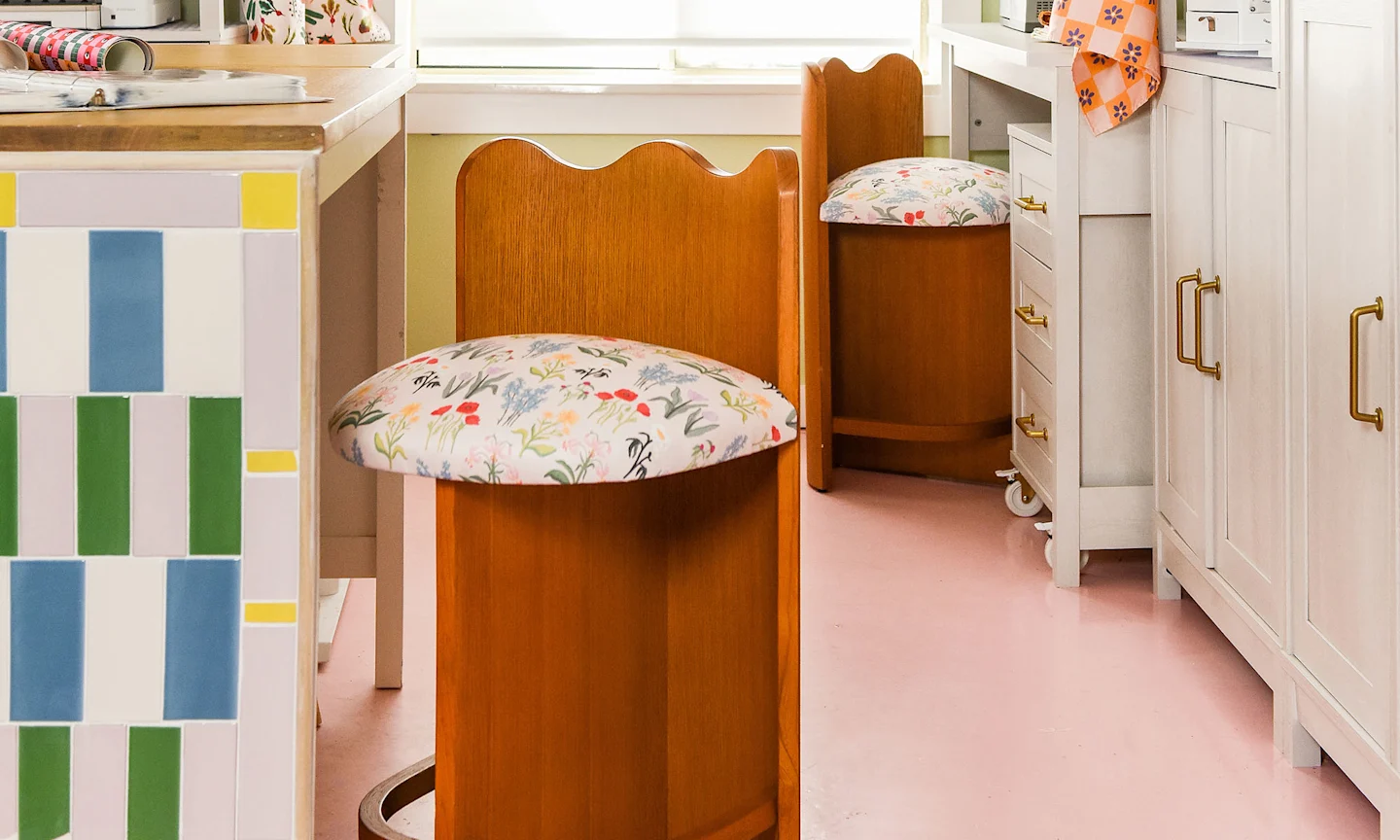 A close up view of Brittany's upholstered cushions in Dogwood Denim.