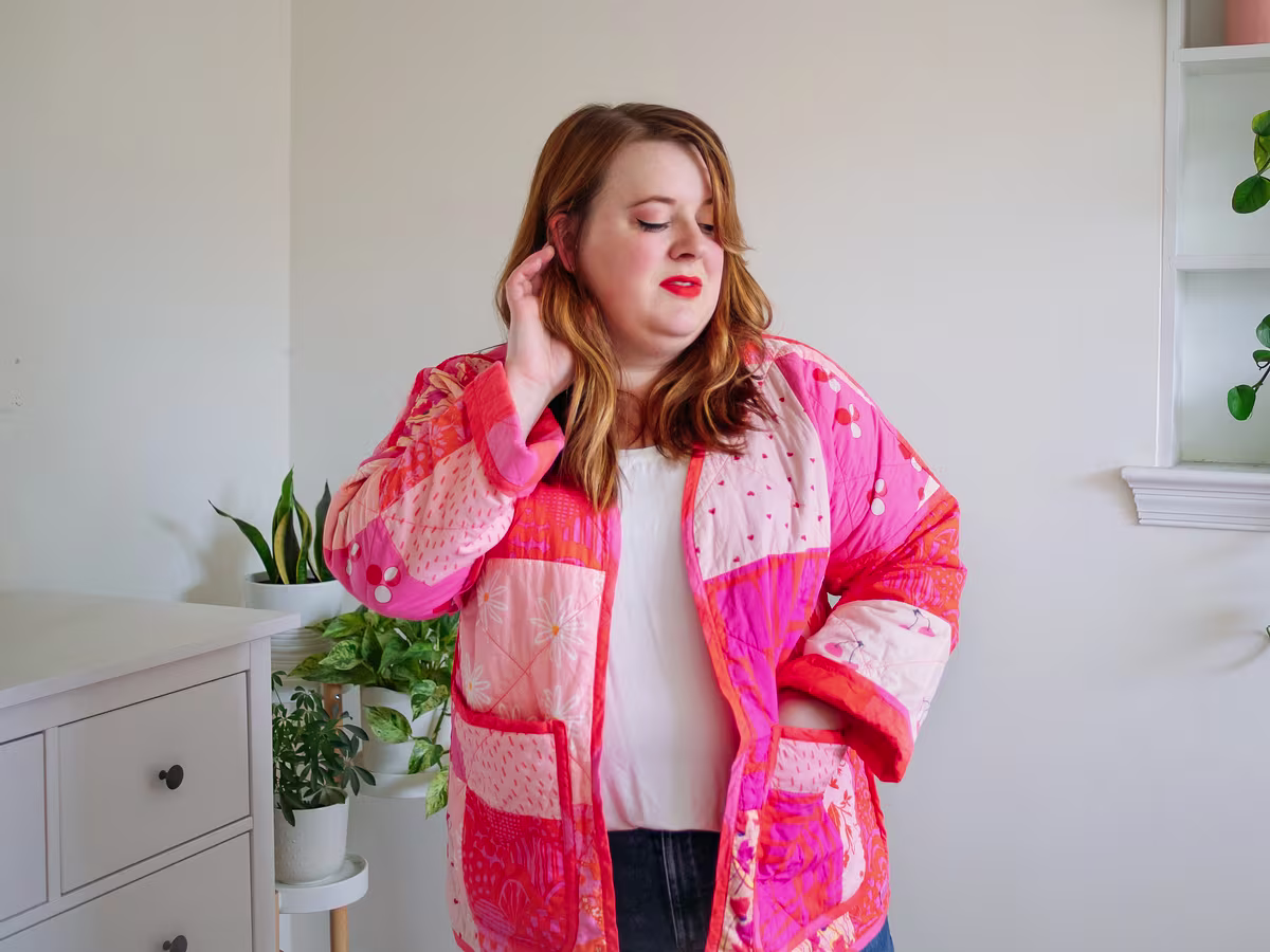 Meg Fleshman in a pink patchwork jacket made with Petal Signature Cotton