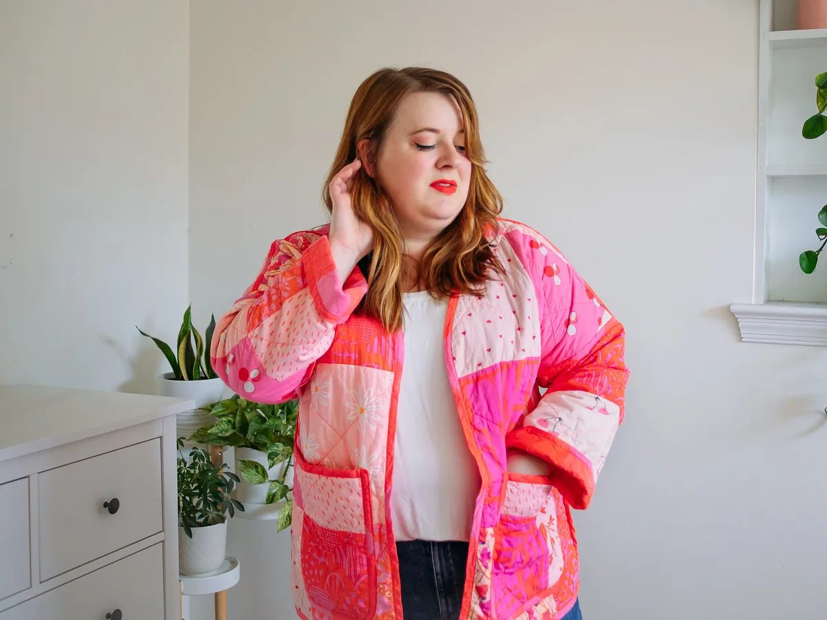 Meg Fleshman in a pink patchwork jacket made with Petal Signature Cotton