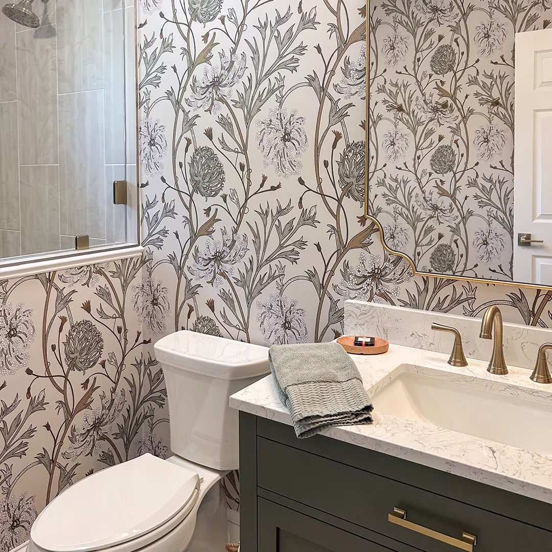 Bathroom with Spoonflower wallpaper