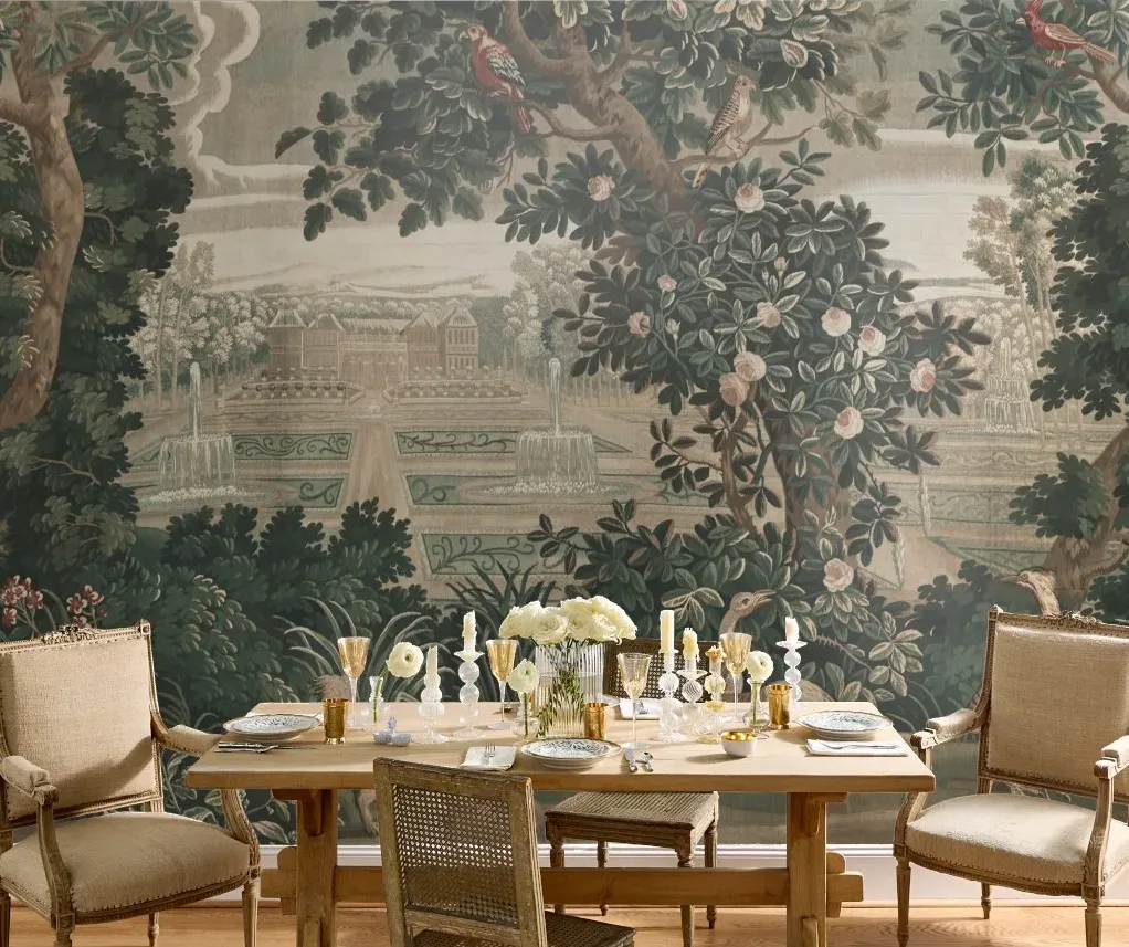 Vintage Jungle Birds Sage Green Landscape Mural
