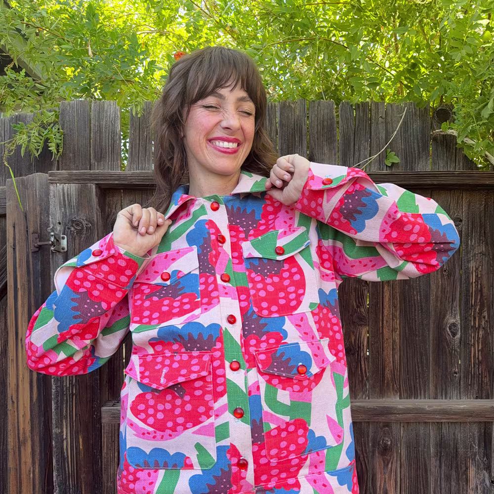 Kelsey Garner in a bright boho jacket made with Dogwood Denim