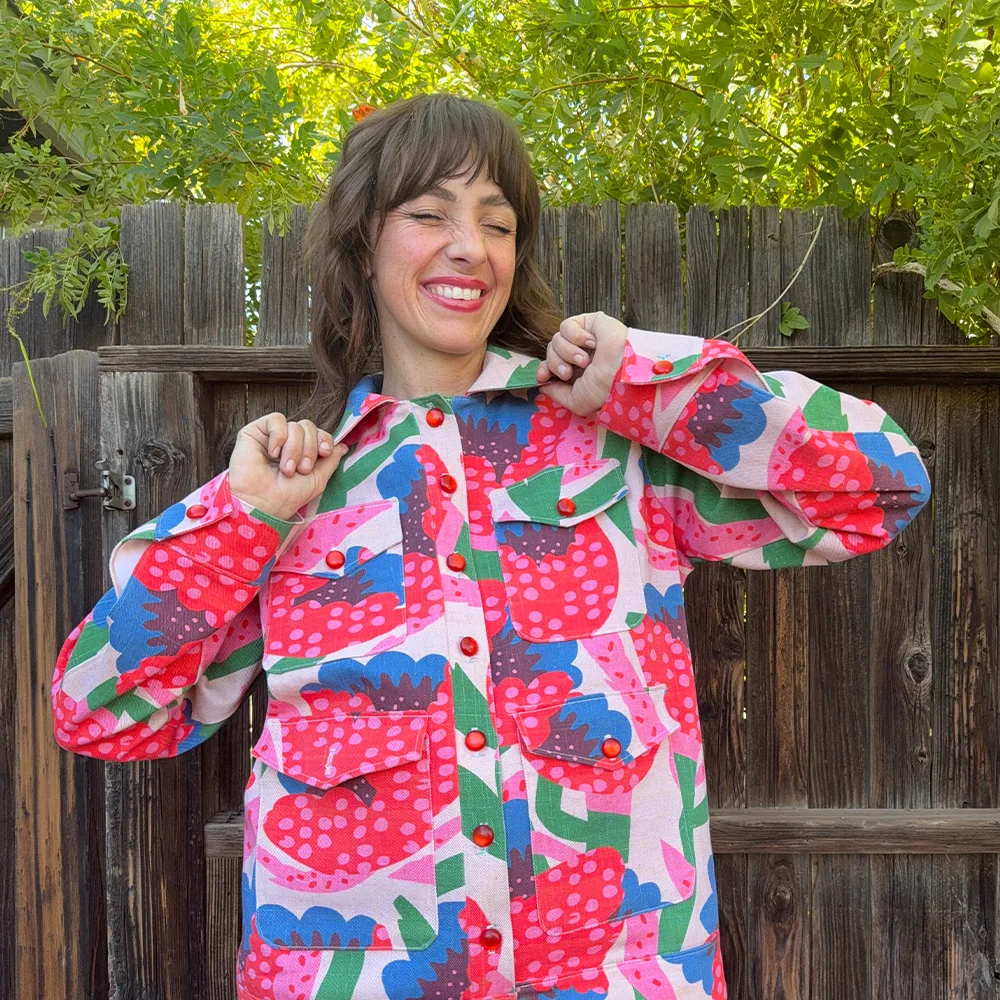 Kelsey Garner in a bright boho jacket made with Dogwood Denim
