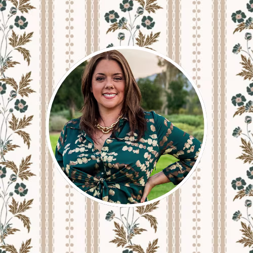 Headshot of Marynn Udvarhelyi of Wildflower Home Interiors with a tan floral stripe design.