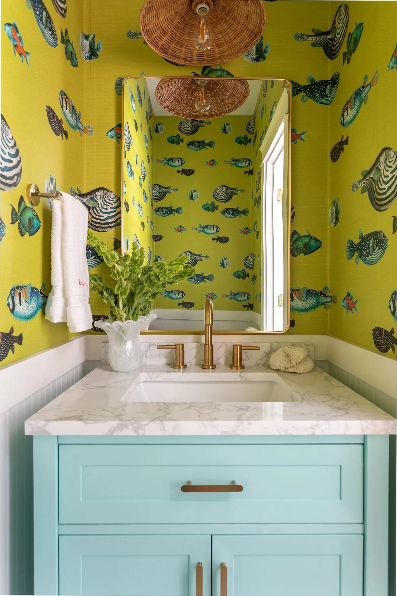 Bathroom with Spoonflower wallpaper