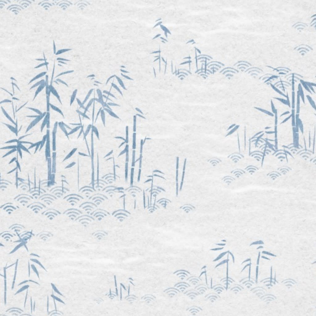 Bamboo Paper, Indigo Wash | Bamboo plants with block printed waves pattern in indigo blue on a rice paper texture in gray,  Wallpaper by forest&sea