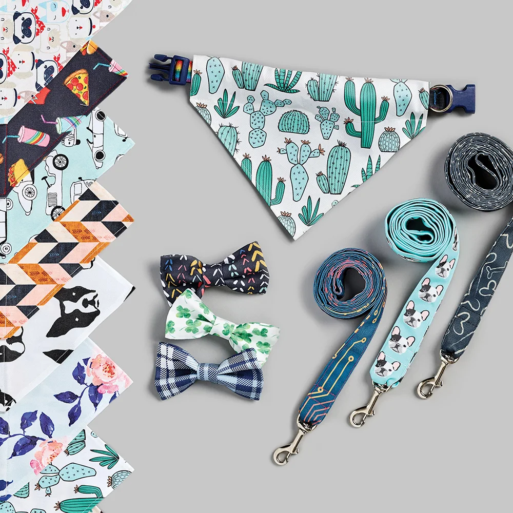 Pet bandanas leashes and collars on a grey background.