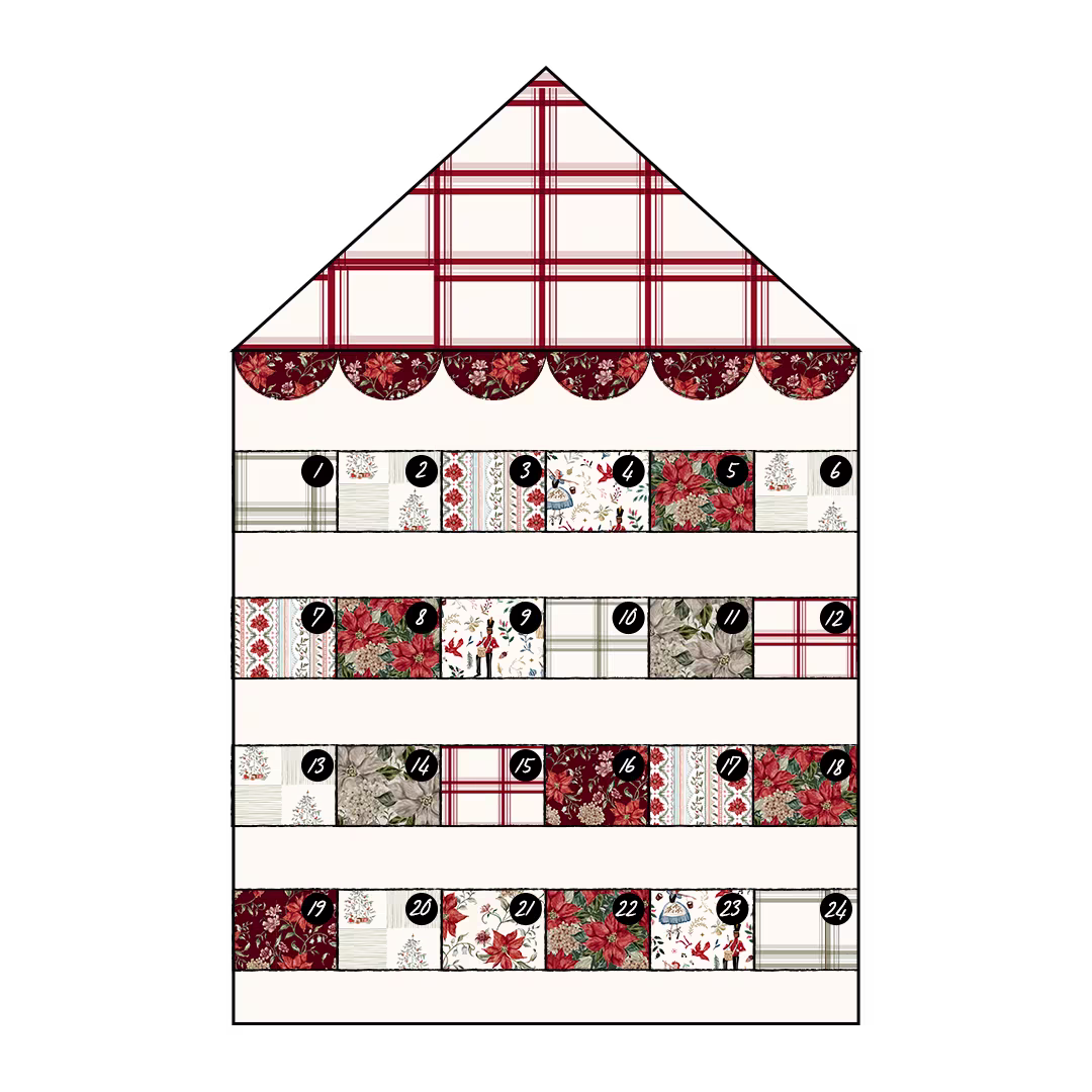Mock up of the Tatiamakes Festive House Advent Calendar PDF Sewing Pattern with Spoonflower fabric