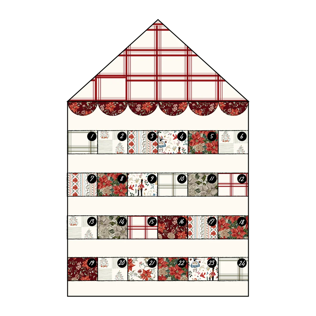 Mock up of the Tatiamakes Festive House Advent Calendar PDF Sewing Pattern with Spoonflower fabric 