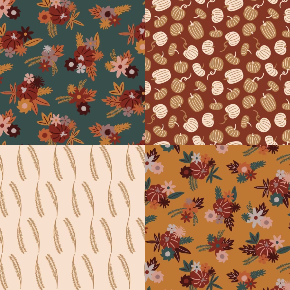 Fall floral and pumpkin print designs.