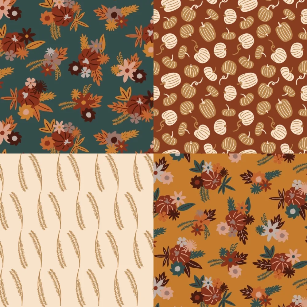 Fall floral and pumpkin print designs.