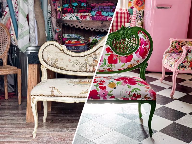 Two images seperated by a diagonal white line illustrating the before and after of a reupholstered settee.