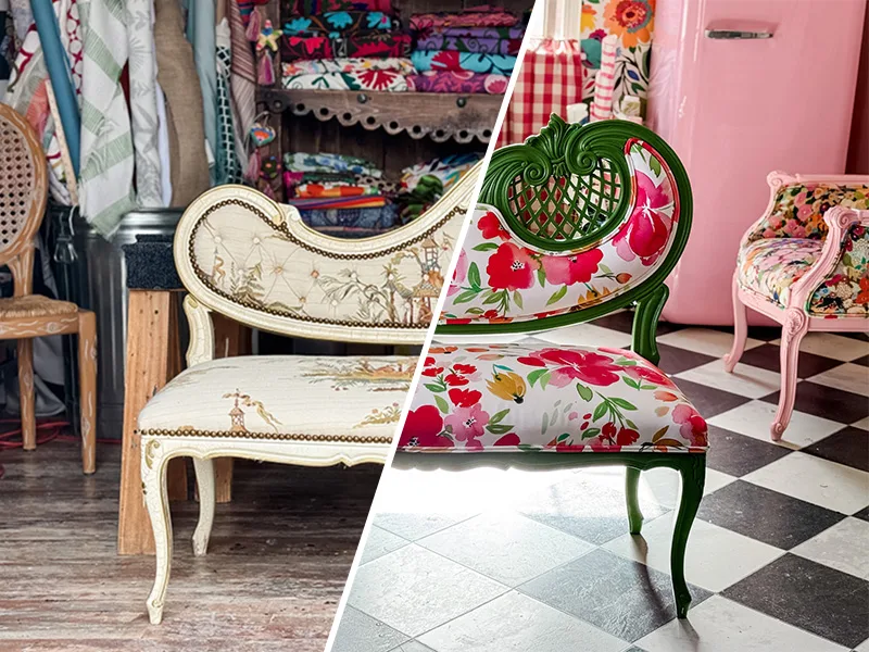 Two images seperated by a diagonal white line illustrating the before and after of a reupholstered settee.
