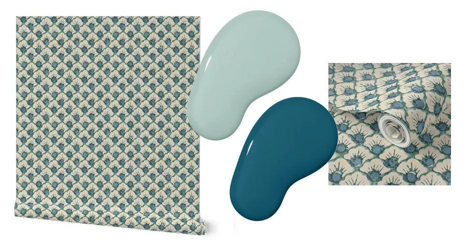 Two swatches of wallpaper (one of the extended roll, one of a design closeup) are paired with two dollops of coordinating paint in a mock-up image. The wallpaper design features a cream background with small repeating blue fans connected by blue lines. On