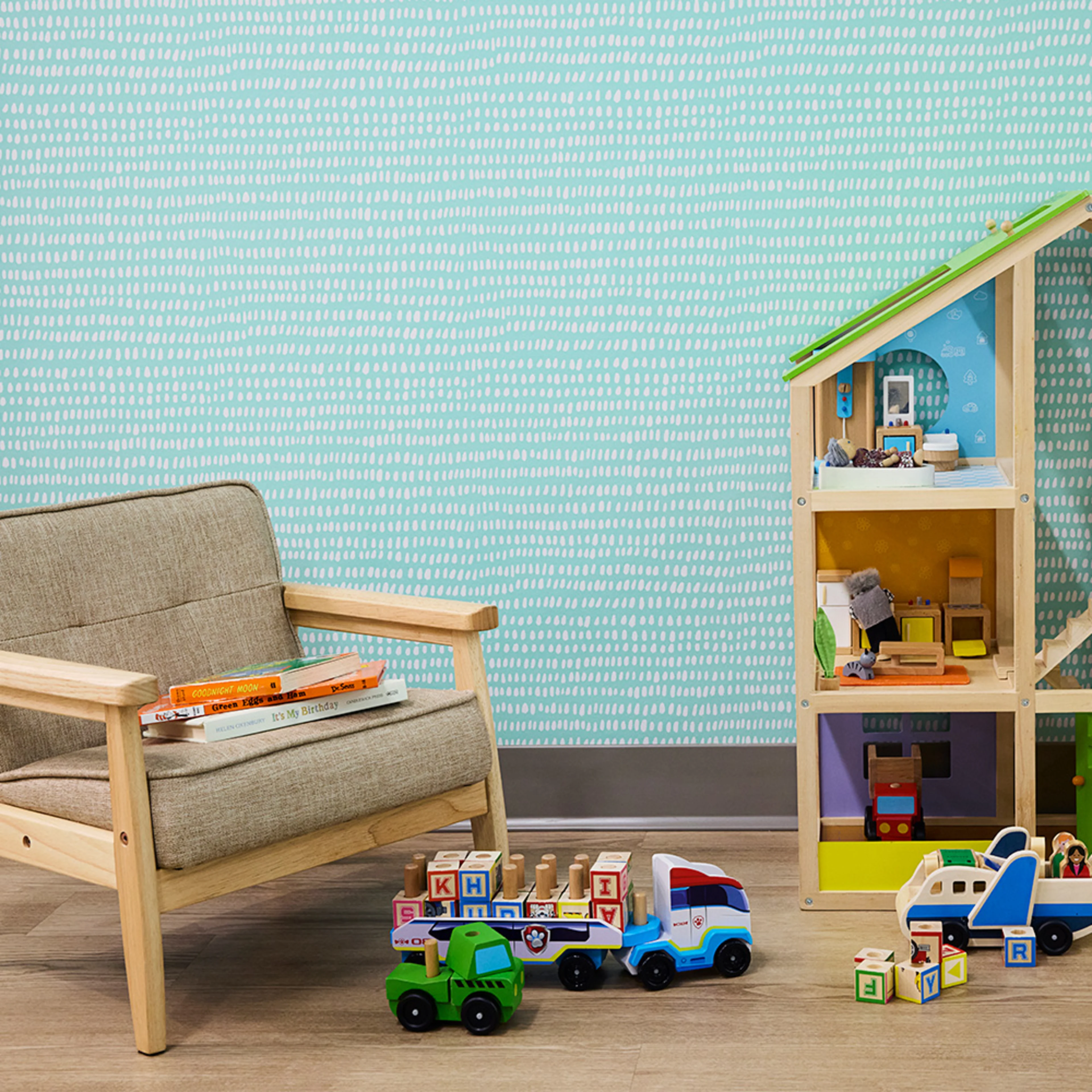 Blue vinyl wallpaper in a pediatric office.