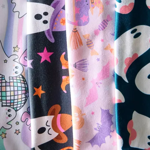 Assortment of Halloween fabric designs featuring ghosts and bats