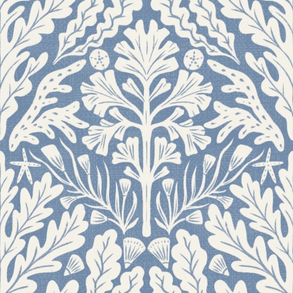 Blue and white coastal chic seaweed, seashells, star fish, sand dollar, coral Wallpaper by allegramckenziedesigns