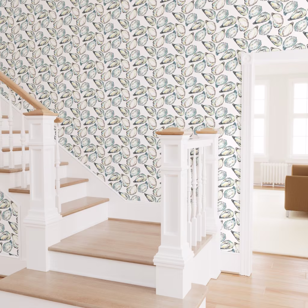 Entryway stairs with oyster wallpaper.