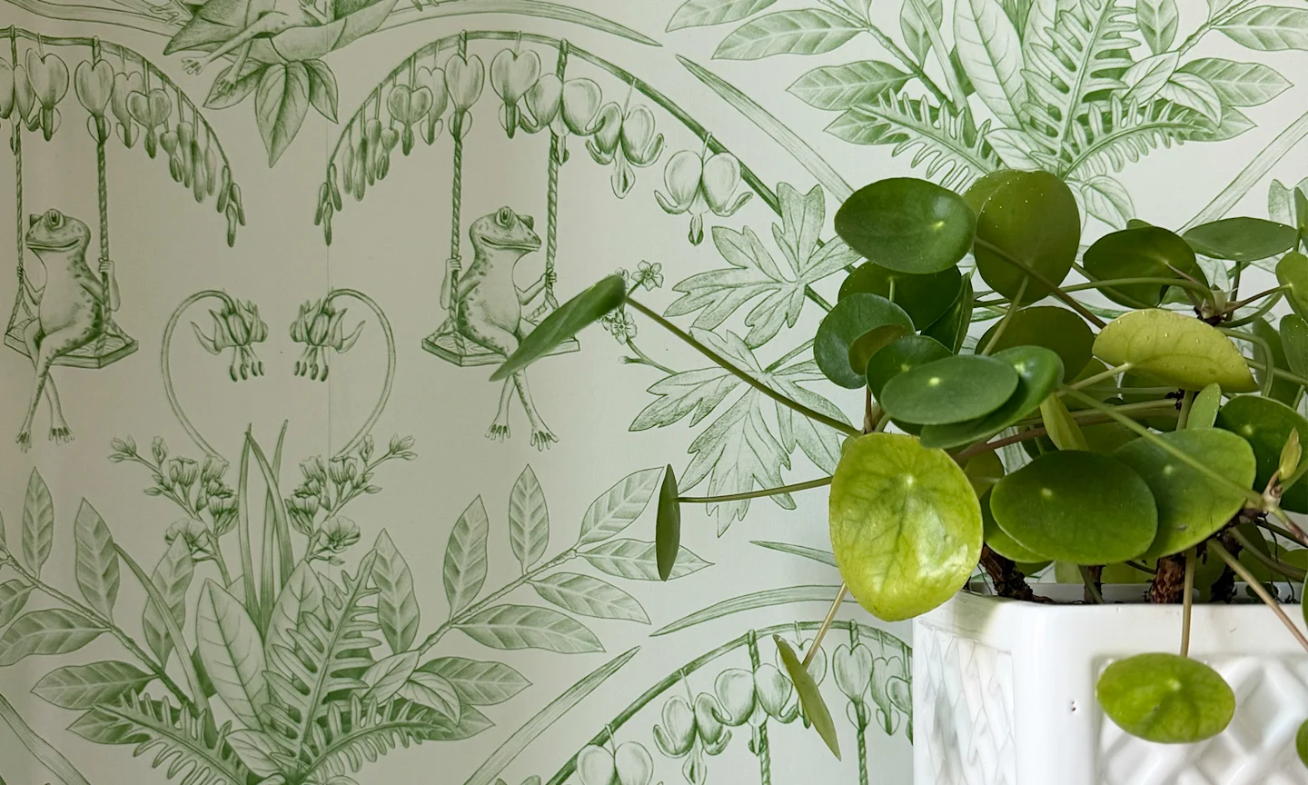 Close up of a bathroom wall with a Green Frog Toile wallpaper.