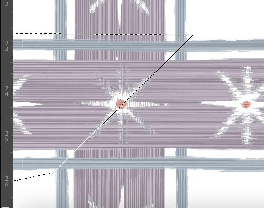 Close up of the Photoshop canvas corresponding to step 5. The rest of the unshown canvas is mostly white, with bands just inside each of the four border edges featuring a thick purple stripe with white stars. The stripe has thin blue stripes on either sid