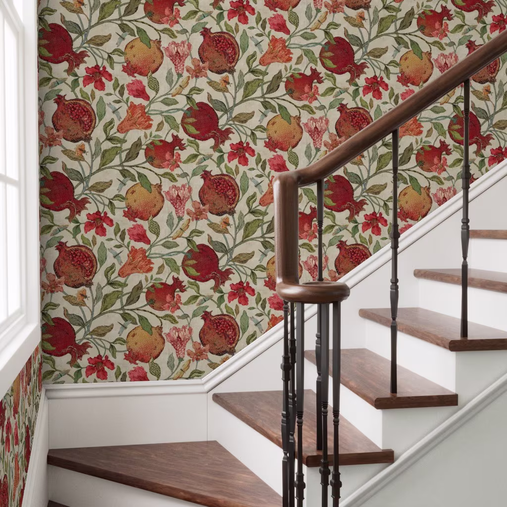 Entryway with wallpaper in Pomegranates Fresco Rustica by silver_steer_design.