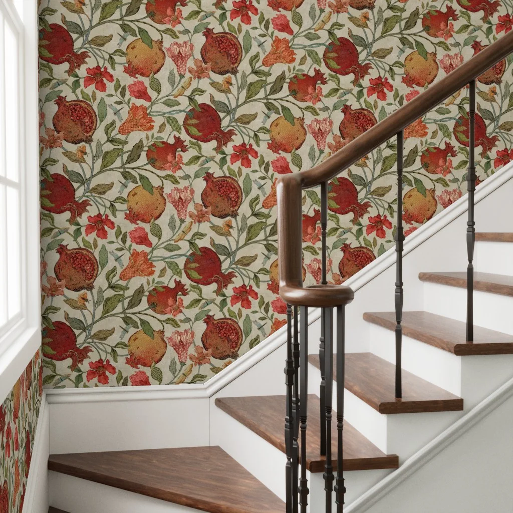 Entryway with wallpaper in Pomegranates Fresco Rustica by silver_steer_design.