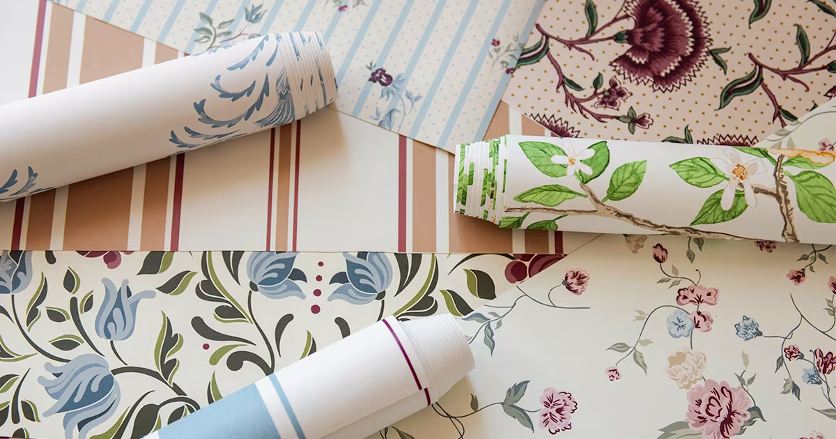 Romantic vintage style designs on PVC-Free Type II unpasted wallpaper samples and rolls.
