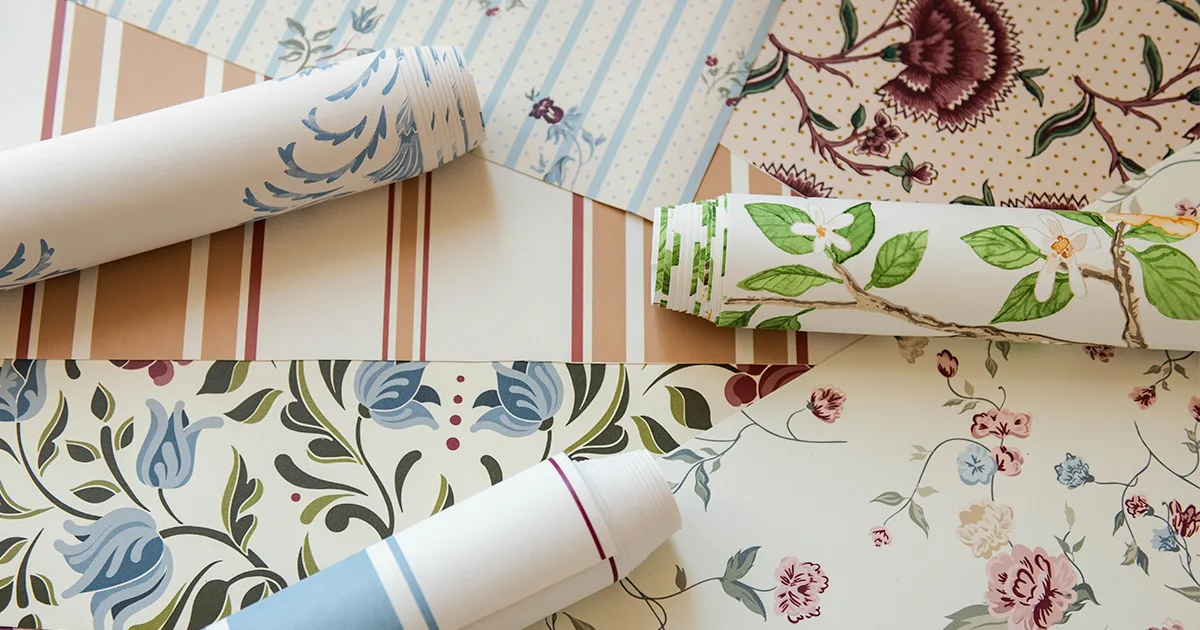 Romantic vintage style designs on PVC-Free Type II unpasted wallpaper samples and rolls.
