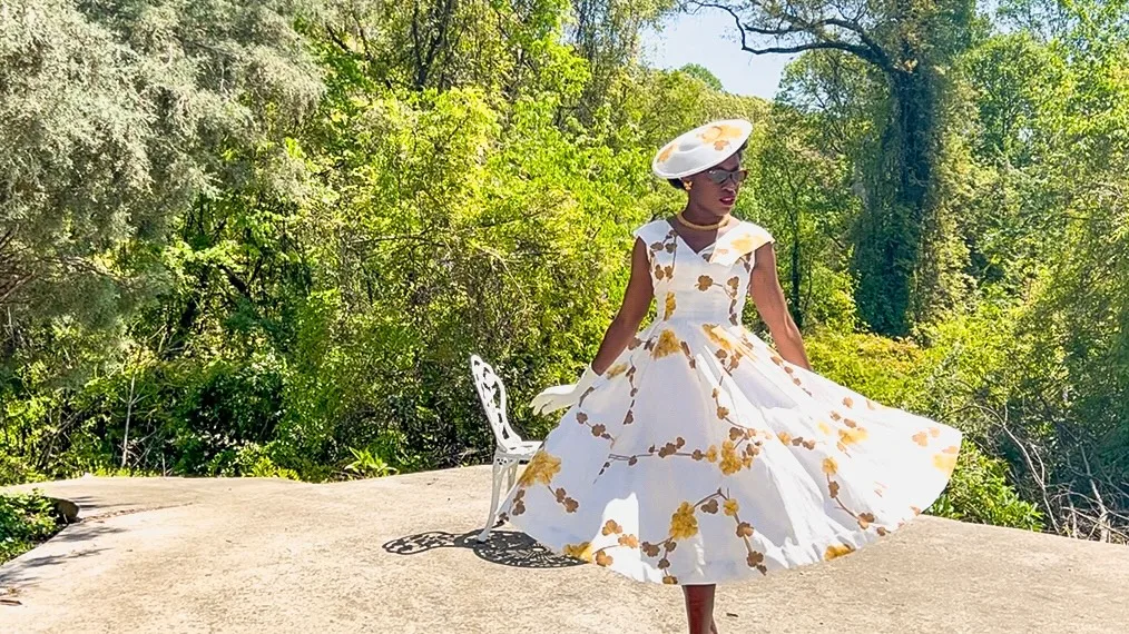 Sewrena in her handmade dress created from cotton sateen 3.5 